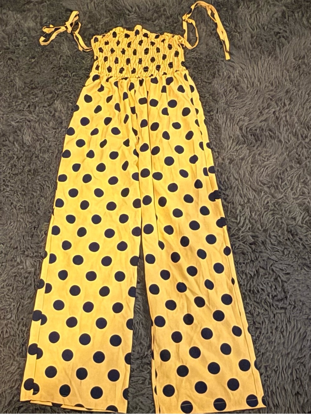 SHEIN Yellow Polka Dot Wide-Leg Smocked Jumpsuit with Tie Straps